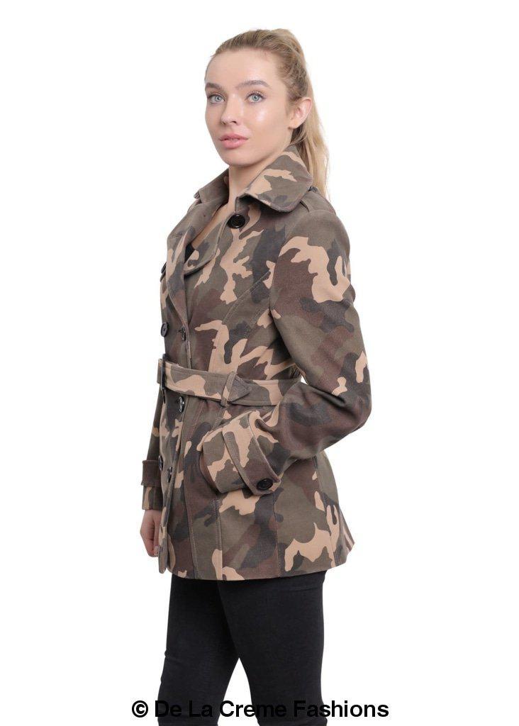 De La Creme - Womens Camo Print Double Breasted Short Coat - Great Hall Collections House