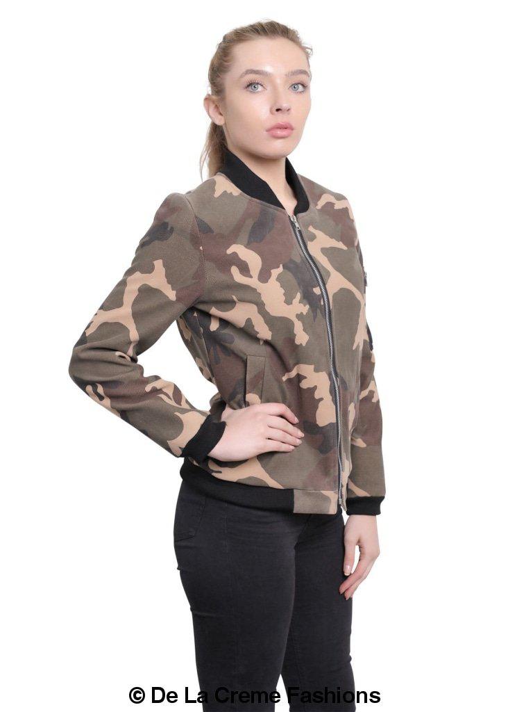 De La Creme - Womens Camo Zip-Thru Varsity Bomber Jacket - Great Hall Collections House