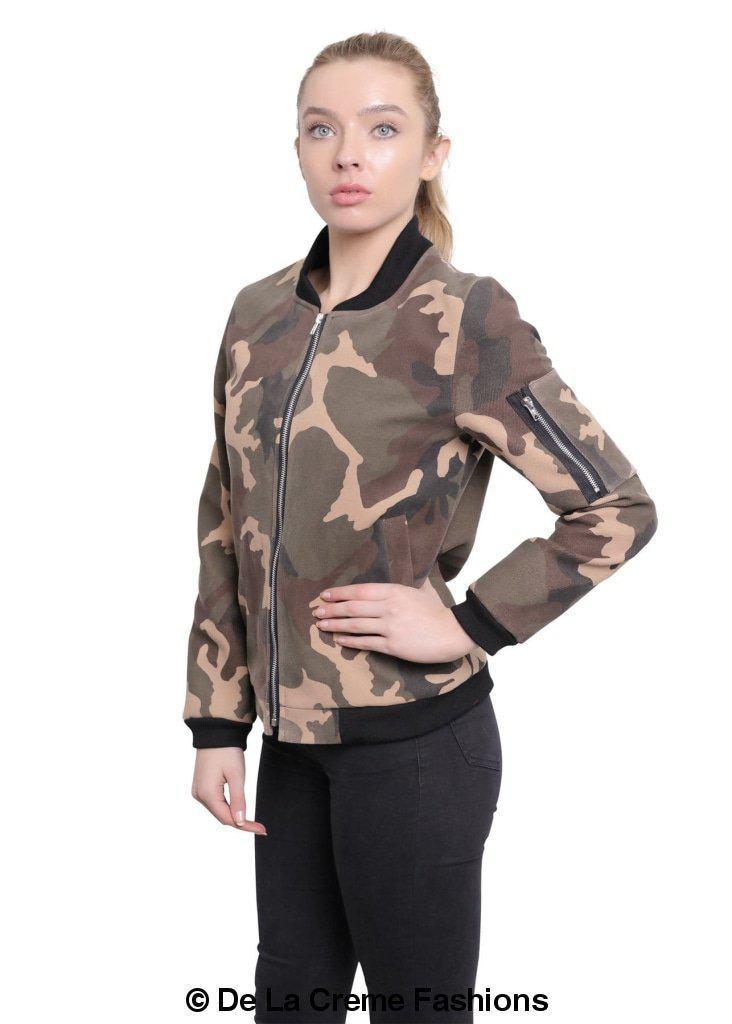 De La Creme - Womens Camo Zip-Thru Varsity Bomber Jacket - Great Hall Collections House