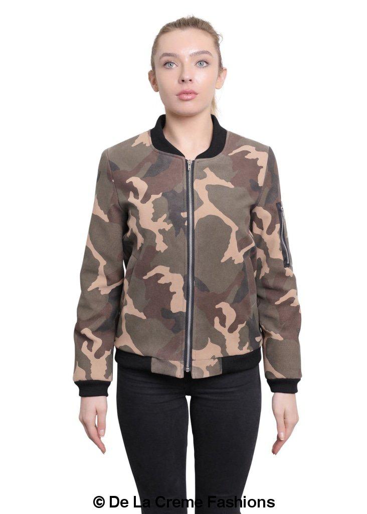 De La Creme - Womens Camo Zip-Thru Varsity Bomber Jacket - Great Hall Collections House