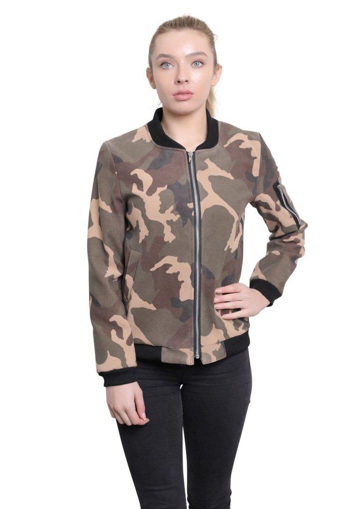 De La Creme - Womens Camo Zip-Thru Varsity Bomber Jacket - Great Hall Collections House