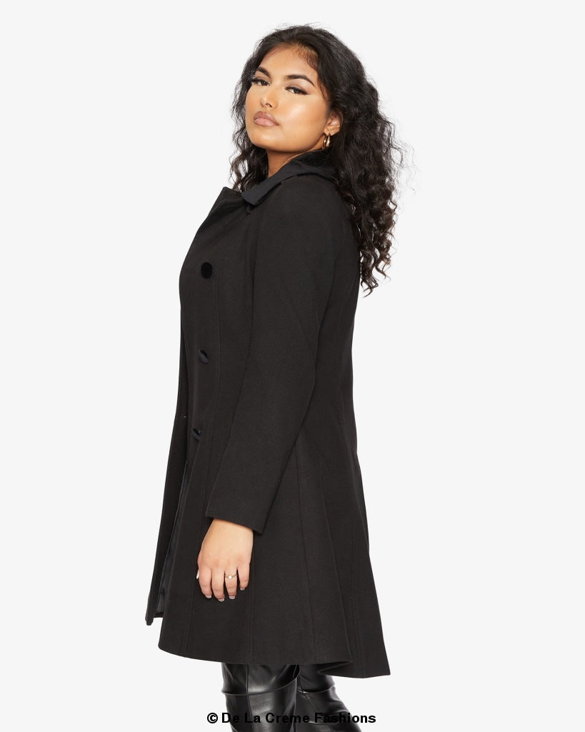 De La Creme Womens Double Breasted Velvet Trim Skater Coat made in uk - Great Hall Collections House