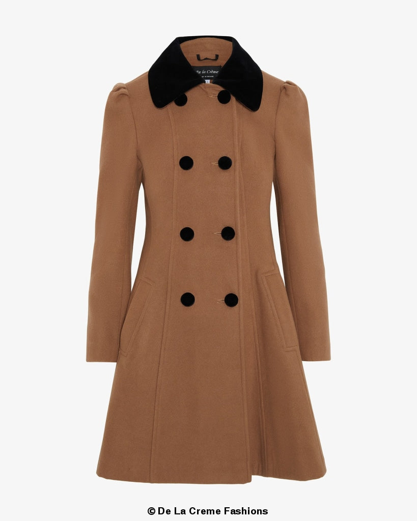 De La Creme Womens Double Breasted Velvet Trim Skater Coat made in uk - Great Hall Collections House