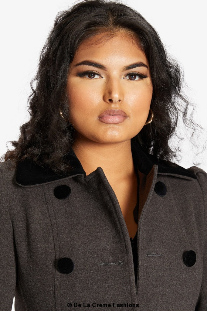 De La Creme Womens Double Breasted Velvet Trim Skater Coat made in uk - Great Hall Collections House