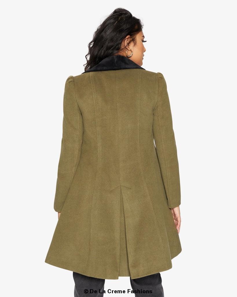 De La Creme Womens Double Breasted Velvet Trim Skater Coat made in uk - Great Hall Collections House