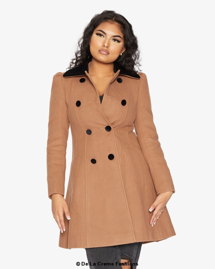 De La Creme Womens Double Breasted Velvet Trim Skater Coat made in uk - Great Hall Collections House