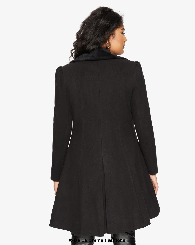 De La Creme Womens Double Breasted Velvet Trim Skater Coat made in uk - Great Hall Collections House