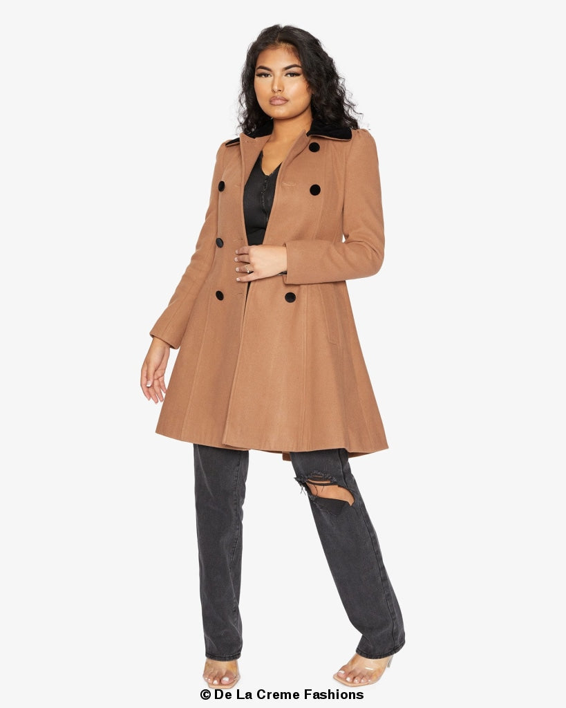 De La Creme Womens Double Breasted Velvet Trim Skater Coat made in uk - Great Hall Collections House