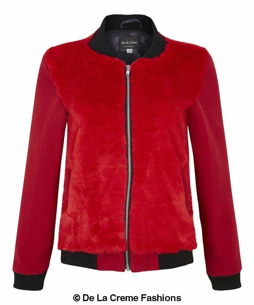 De La Creme - Womens Faux Fur Zip-Thru Varsity Bomber Jacket - Great Hall Collections House