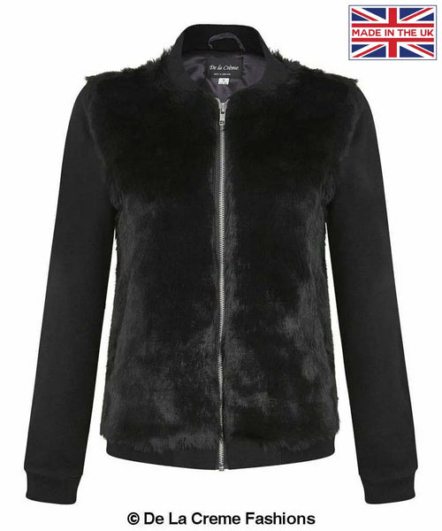 De La Creme - Womens Faux Fur Zip-Thru Varsity Bomber Jacket - Great Hall Collections House