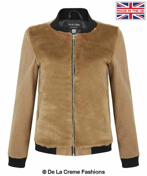 De La Creme - Womens Faux Fur Zip-Thru Varsity Bomber Jacket - Great Hall Collections House