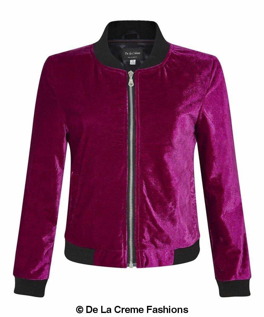 De La Creme - Womens Velvet Zip-Thru Varsity Bomber Jacket made in uk - Great Hall Collections House