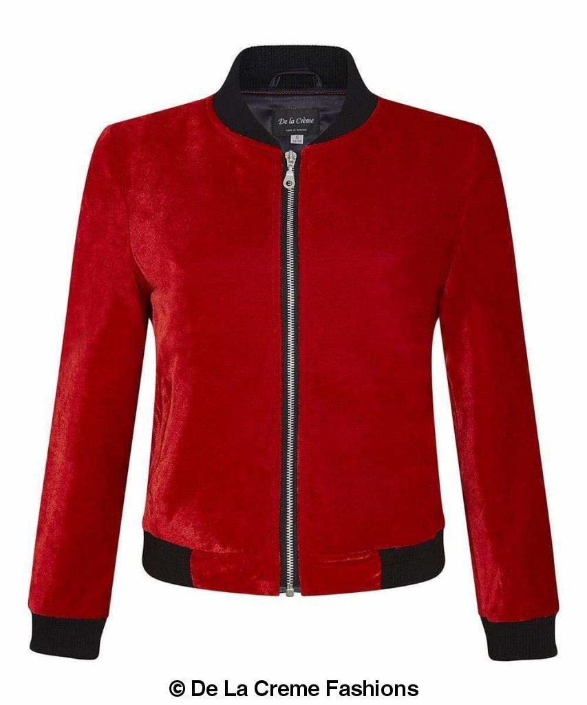 De La Creme - Womens Velvet Zip-Thru Varsity Bomber Jacket made in uk - Great Hall Collections House