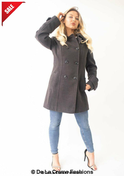 Womens Wool Feel Double Breasted Hooded Coat made in uk - Great Hall Collections House