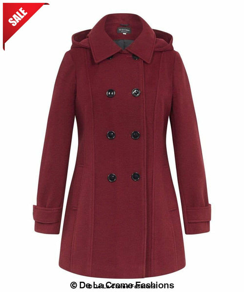 Womens Wool Feel Double Breasted Hooded Coat made in uk - Great Hall Collections House