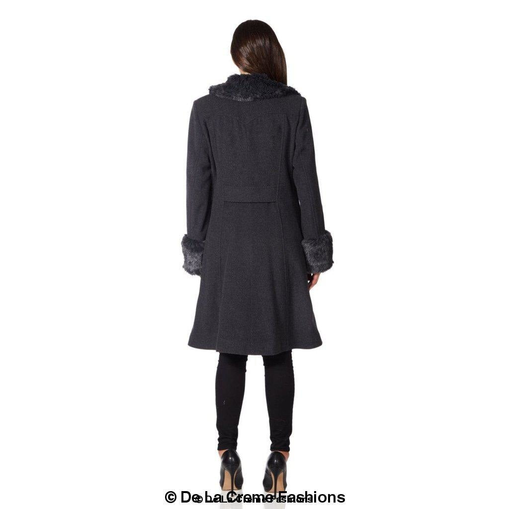 De La Creme - Womens Wool Blend Faux Fur Trim Midi Coat - Great Hall Collections House