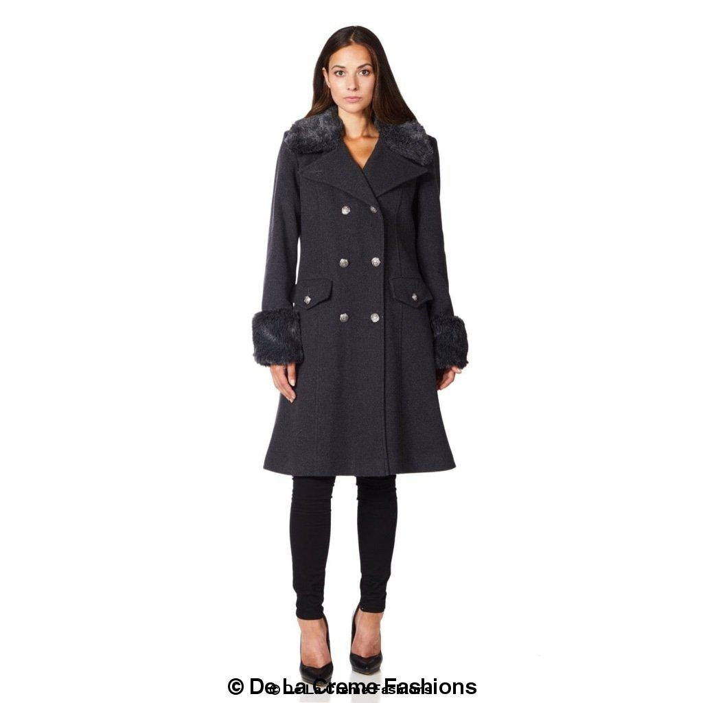 De La Creme - Womens Wool Blend Faux Fur Trim Midi Coat - Great Hall Collections House