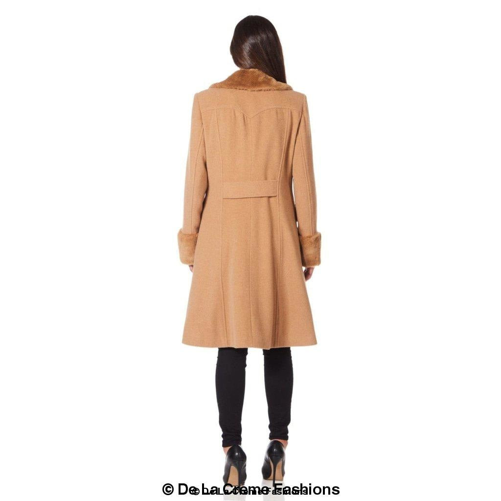 De La Creme - Womens Wool Blend Faux Fur Trim Midi Coat - Great Hall Collections House