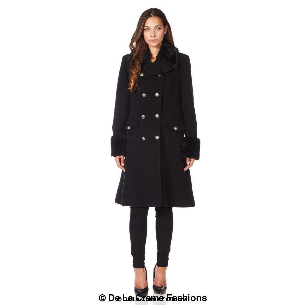 De La Creme - Womens Wool Blend Faux Fur Trim Midi Coat - Great Hall Collections House