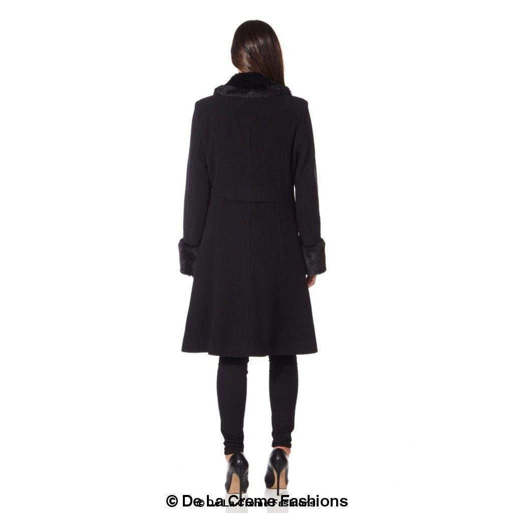 De La Creme - Womens Wool Blend Faux Fur Trim Midi Coat - Great Hall Collections House