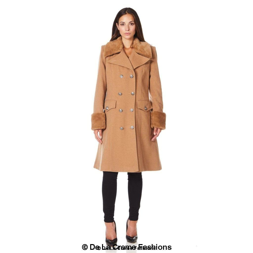 De La Creme - Womens Wool Blend Faux Fur Trim Midi Coat - Great Hall Collections House
