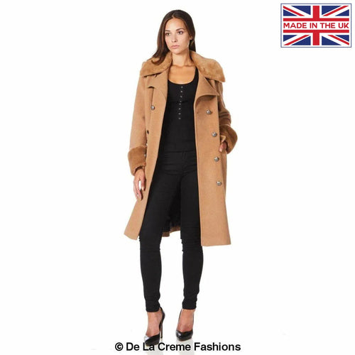 De La Creme - Womens Wool Blend Faux Fur Trim Midi Coat - Great Hall Collections House