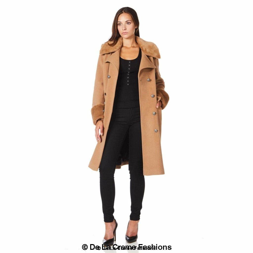 De La Creme - Womens Wool Blend Faux Fur Trim Midi Coat - Great Hall Collections House