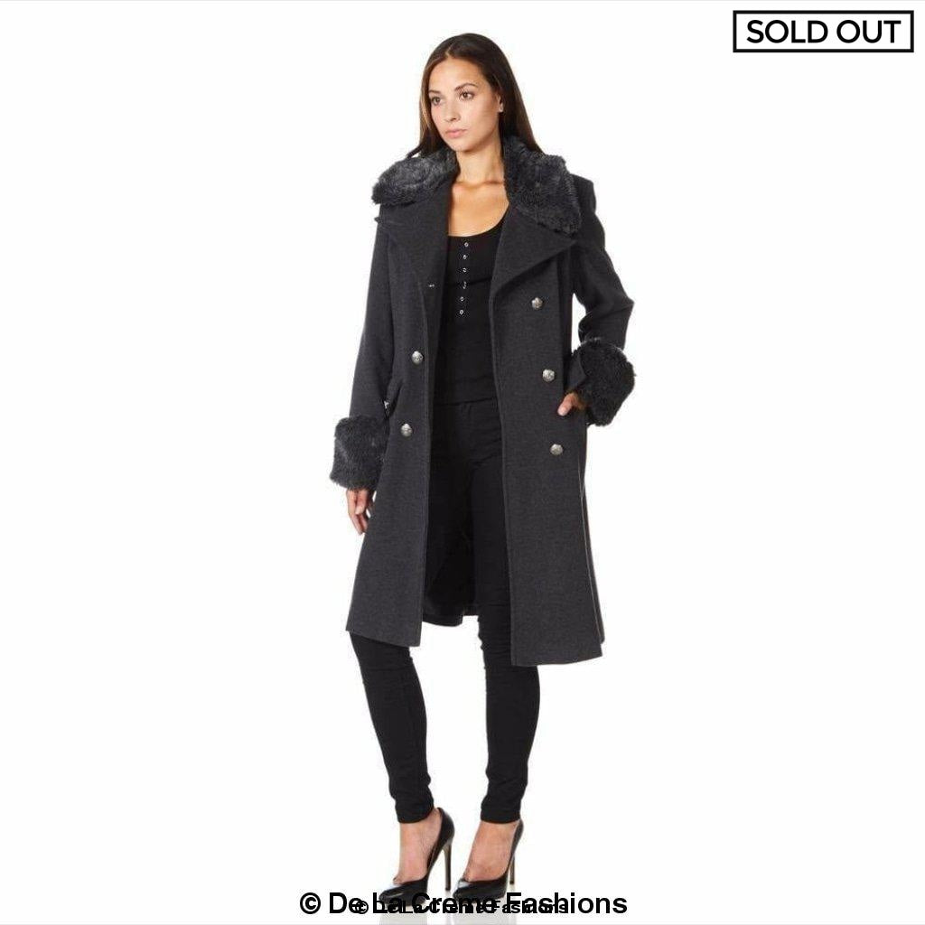 De La Creme - Womens Wool Blend Faux Fur Trim Midi Coat - Great Hall Collections House