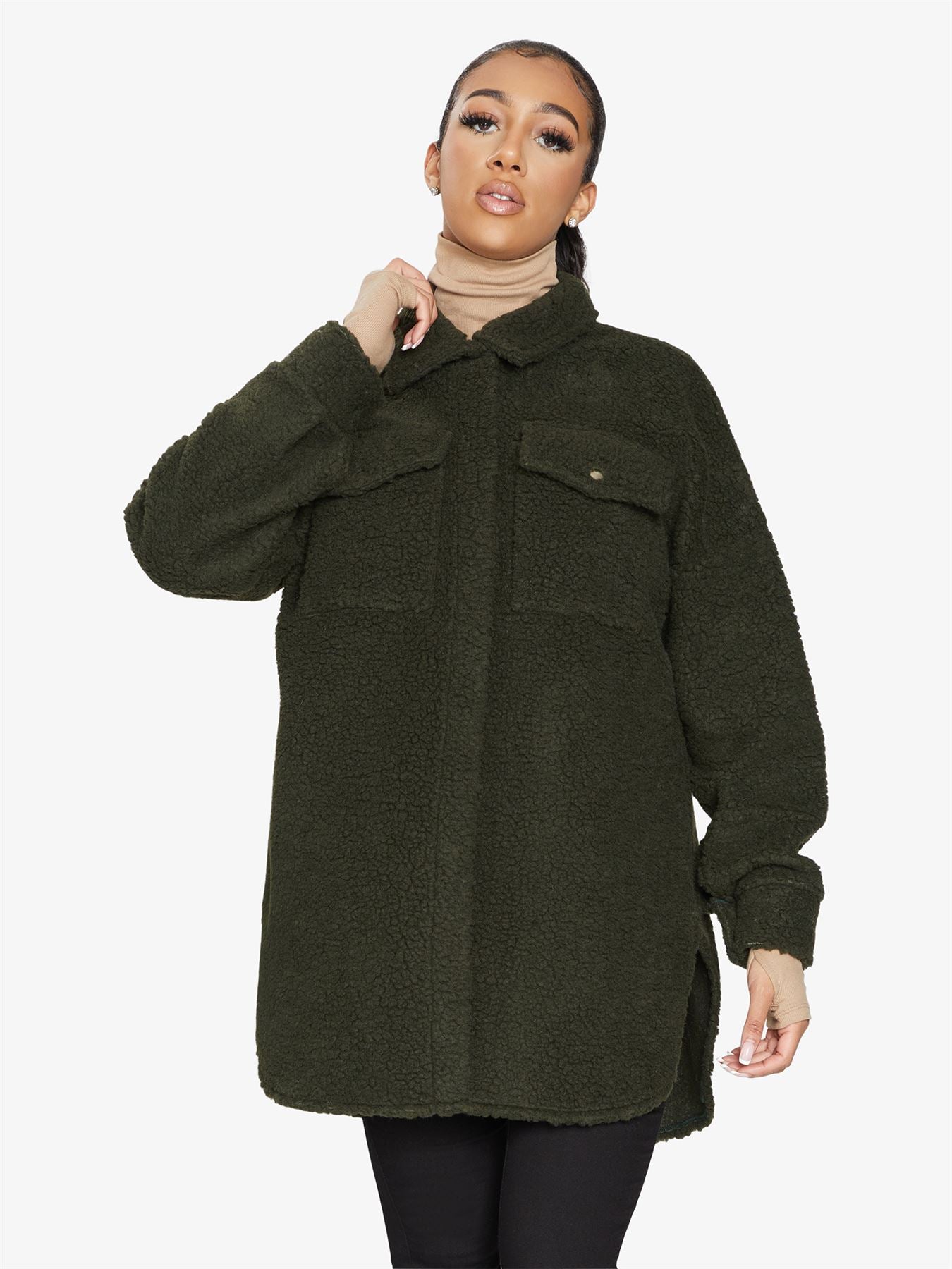 Oversized Stud Button Borg Teddy Shacket            made in UK - Great Hall Collections House