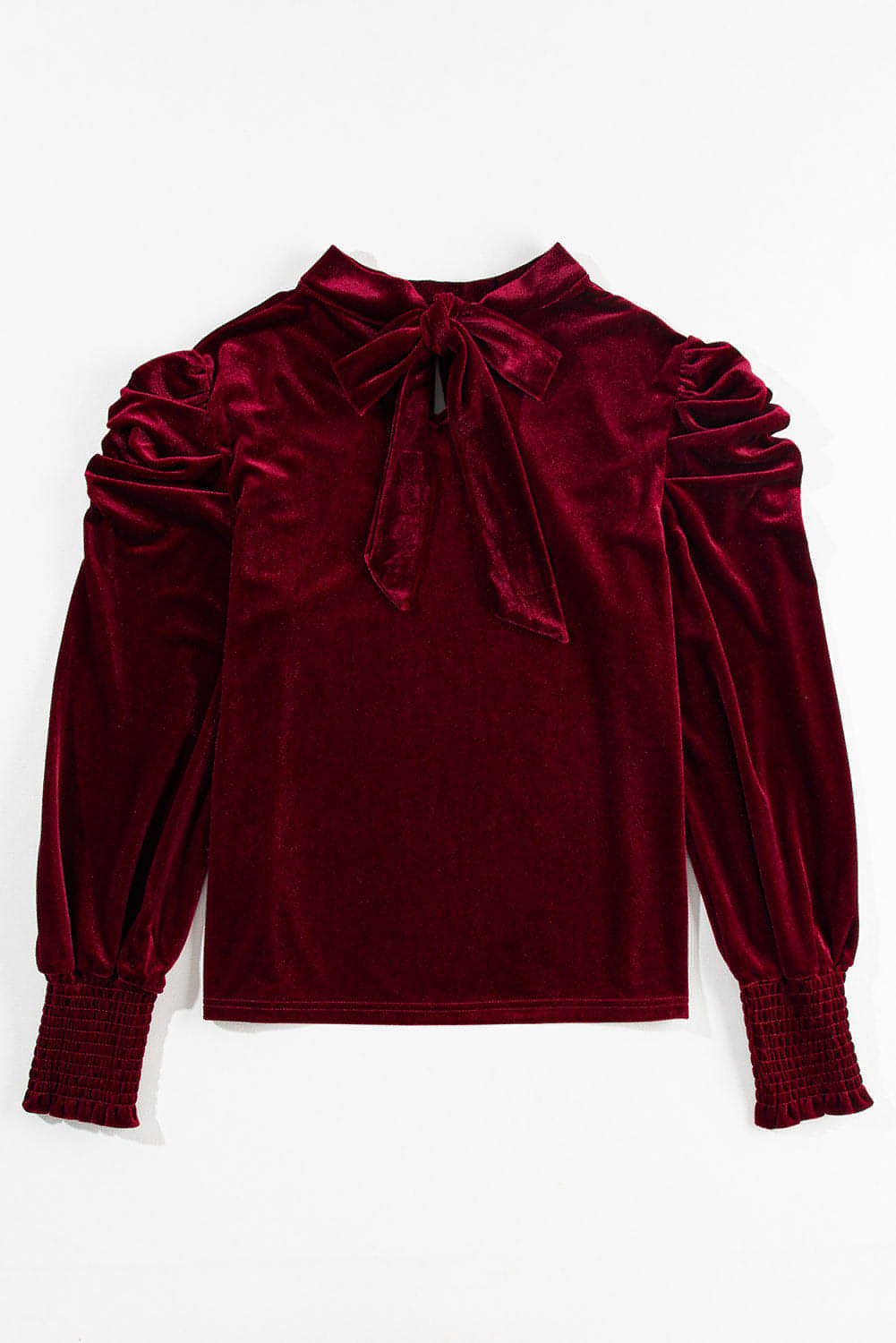 Fiery Red Mock Neck Puff Sleeve Velvet Blouse - Great Hall Collections House
