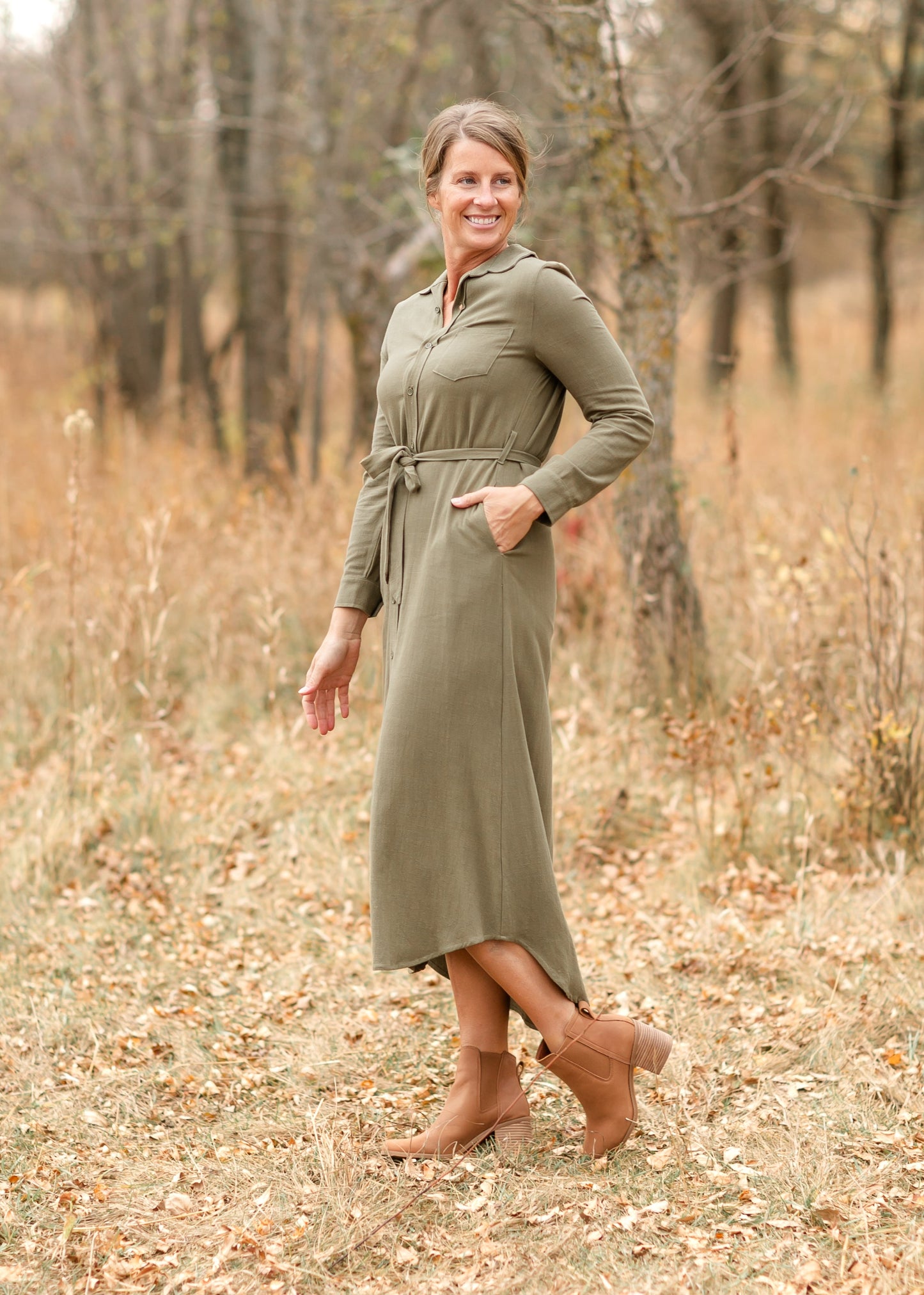 Essential Olive Long Sleeve Linen Shirt Dress - FINAL SALE