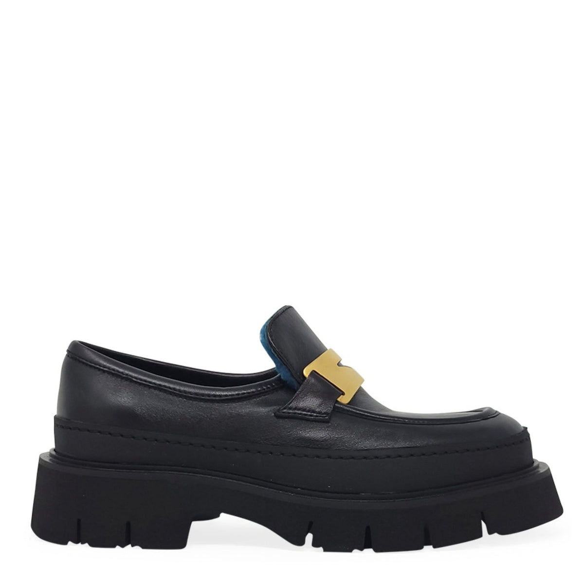 Black Leather Chunky Loafer With Shearling
