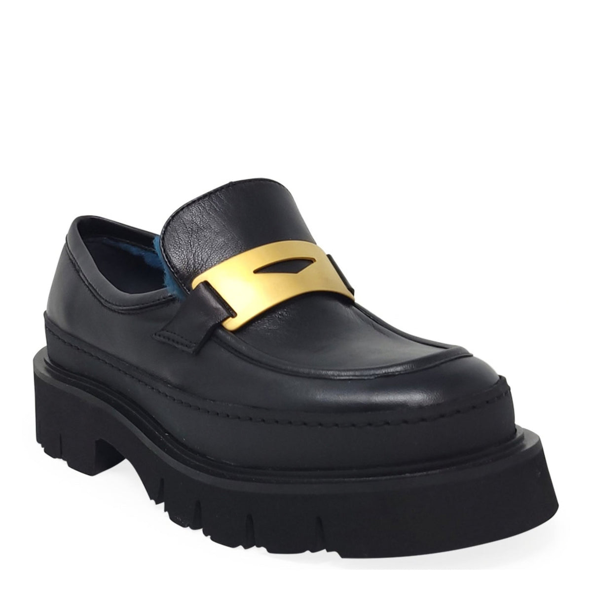 Black Leather Chunky Loafer With Shearling