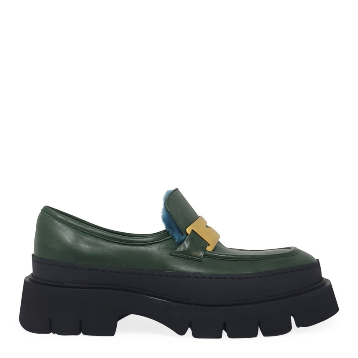 Green Leather Chunky Loafer With Shearling