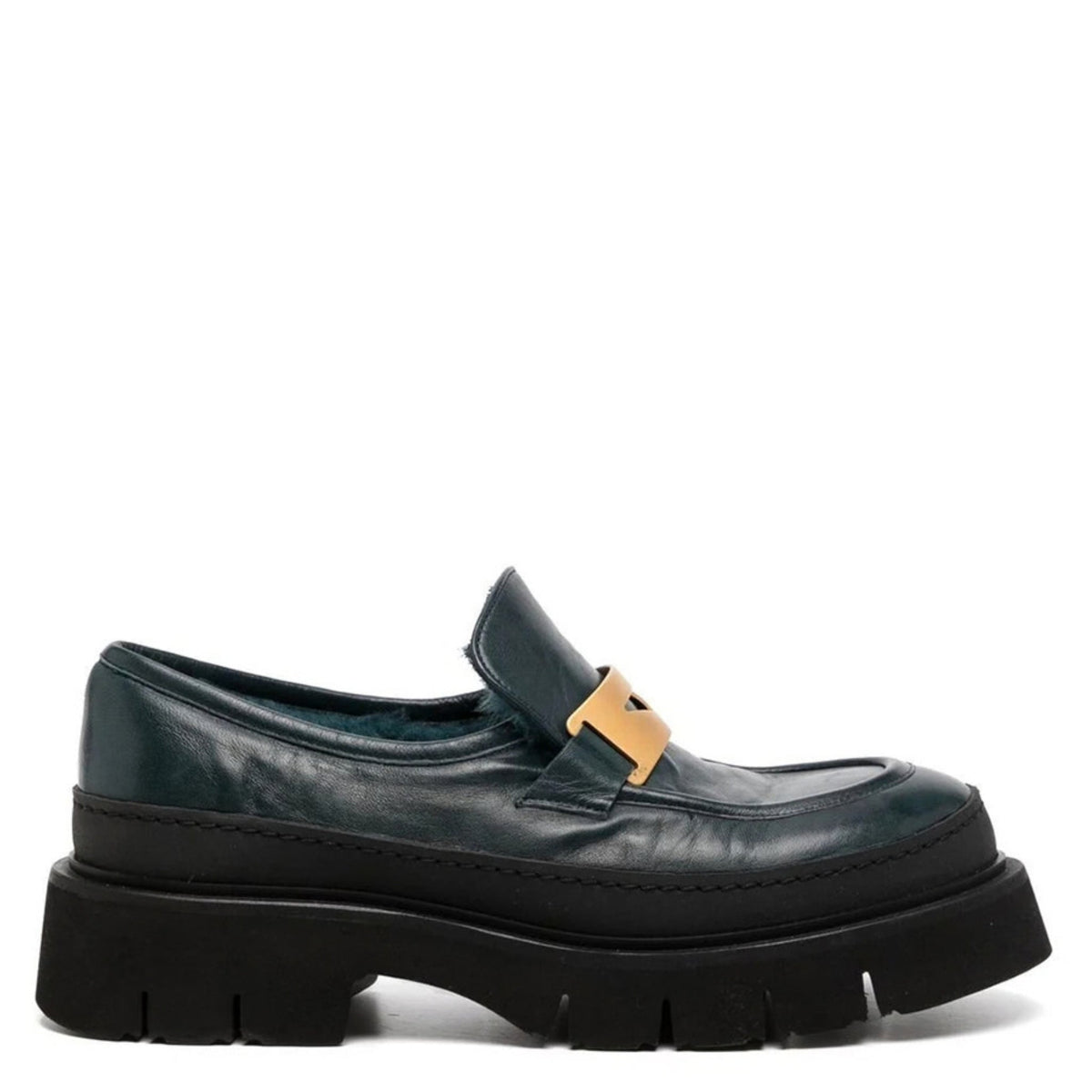 Navy Leather Chunky Loafer With Shearling
