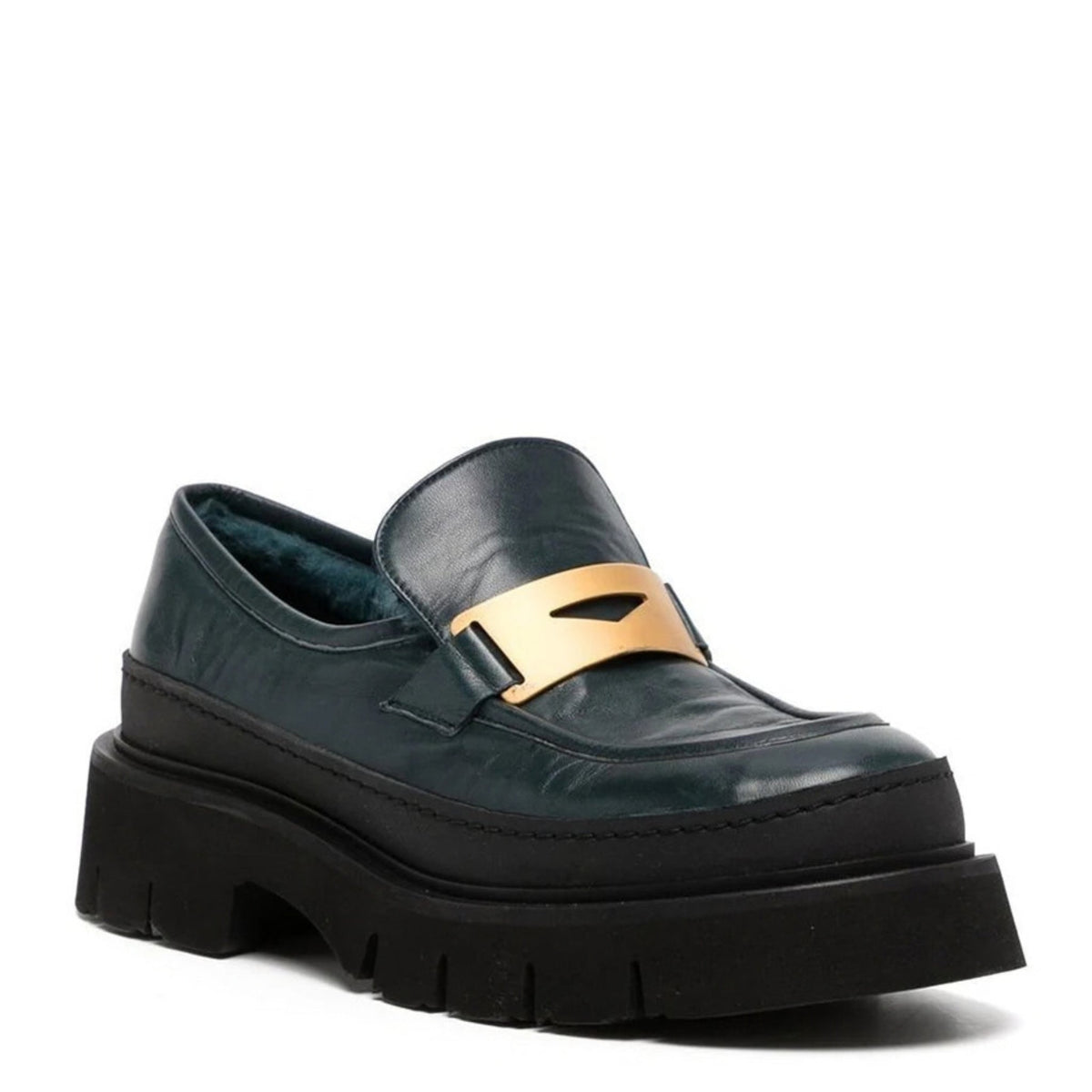 Navy Leather Chunky Loafer With Shearling