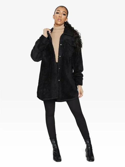 Oversized Stud Button Borg Teddy Shacket            made in UK