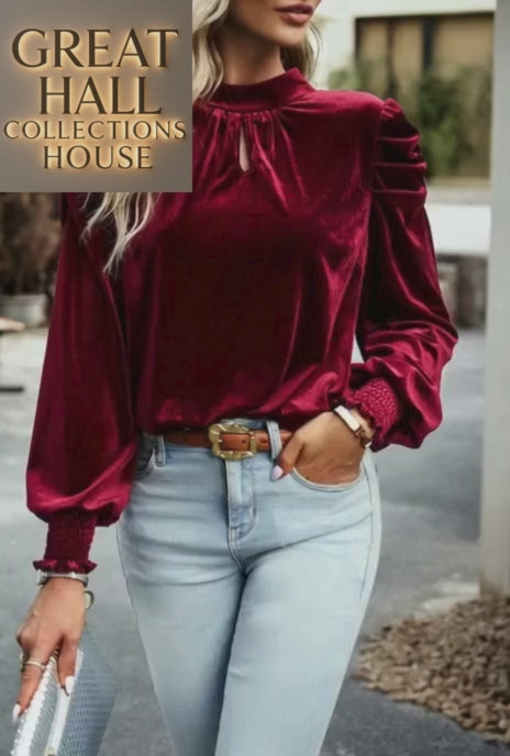 Fiery Red Mock Neck Puff Sleeve Velvet Blouse