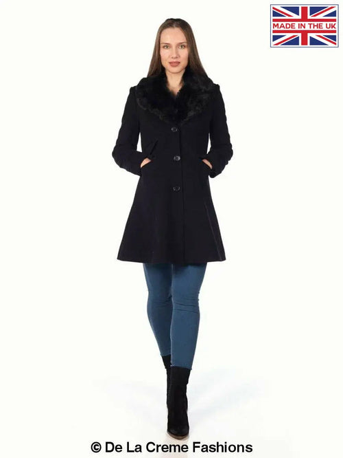 Wool Blend Faux Fur Collar Midi Coat made in UK - Great Hall Collections House